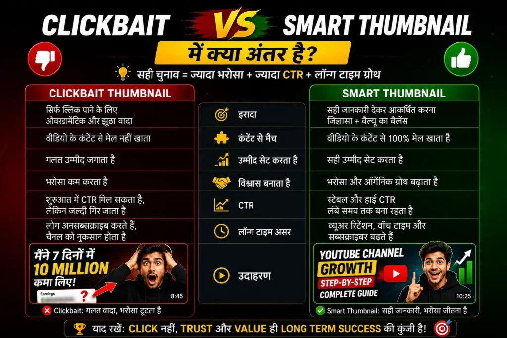 YouTube Thumbnail कैसे बनाएं? High CTR के लिए Design, Size, Text और A/B Testing की Complete Guide 2026 4 youtube-thumbnail-me-clickbait-vs-smart-thumbnail